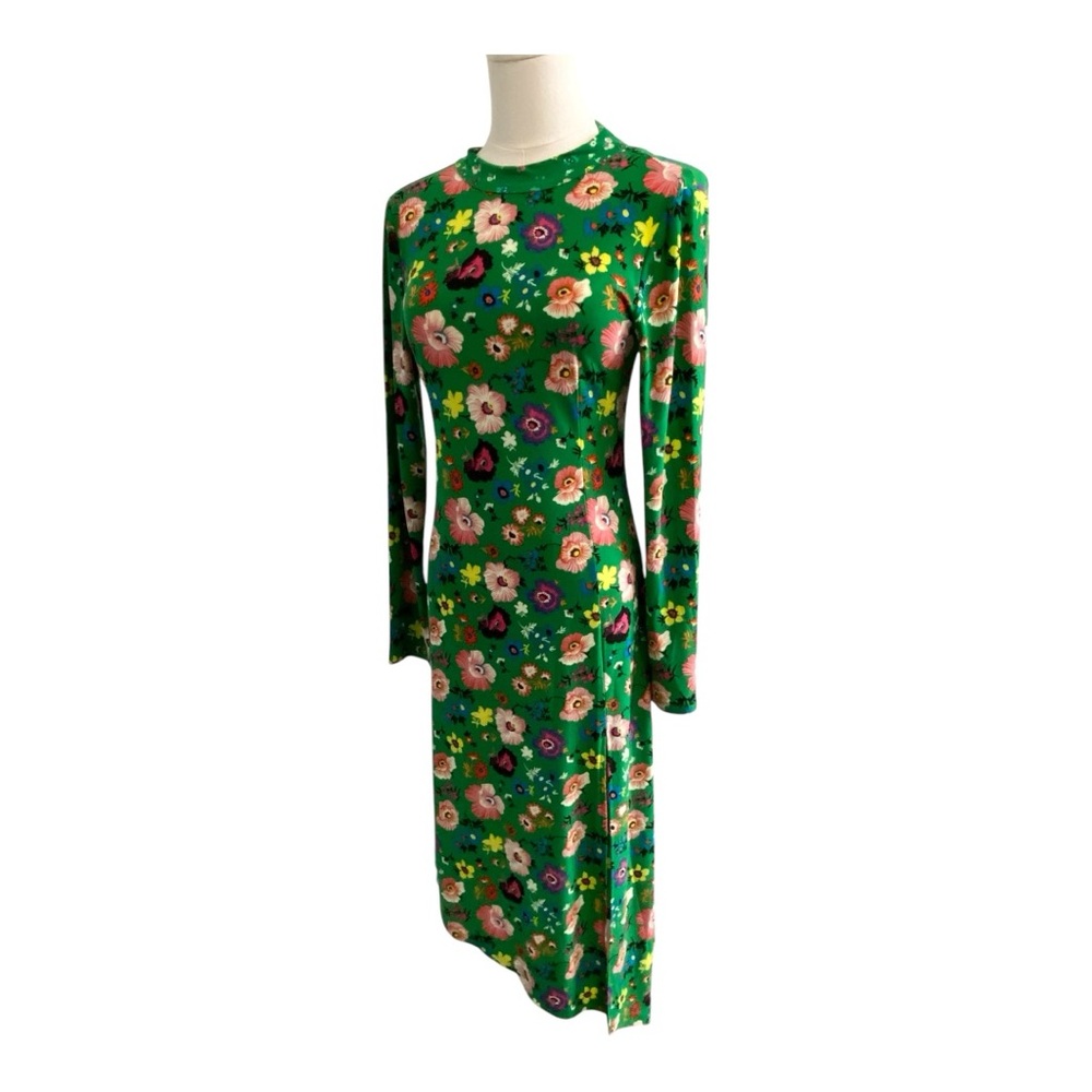 Topshop Midi Maxi Dress Womens Asymmetrical Long Sleeve Dress Floral Print Green
